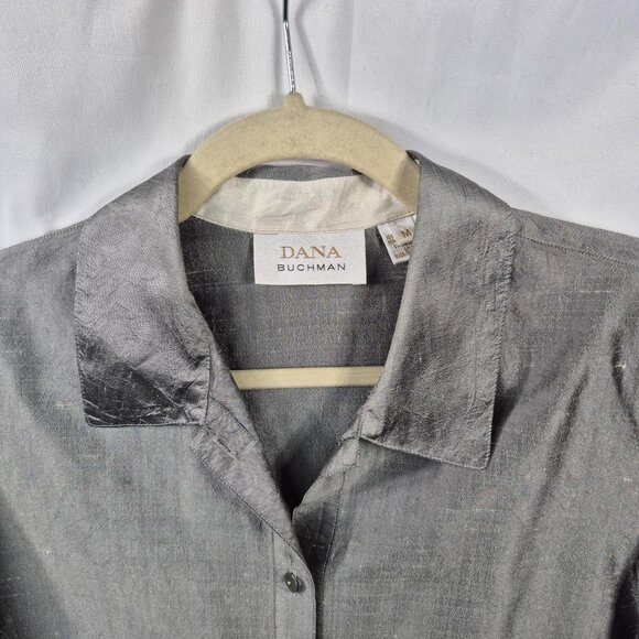 Dana Buchman Top Womens M Gray 100% Silk Blouse Button Up Shirt Business Career - Picture 7 of 7